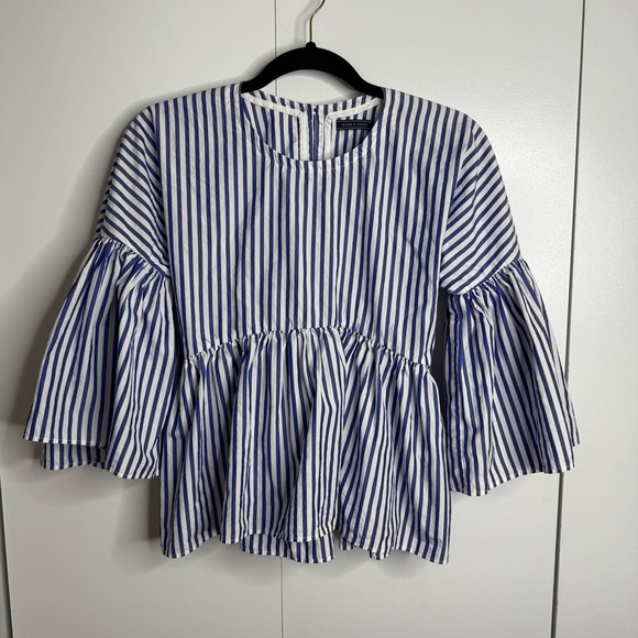 Mark D Sikes 100% Cotton blue and white striped bell sleeve top size 0 - Picture 1 of 8